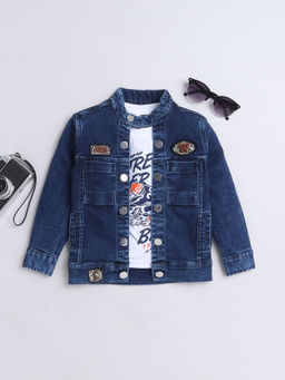 Mini Stitch - Solid Denim Jacket with Printed T-Shirt for Boys -Dark Blue (Set of 2)