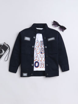 Mini Stitch - Solid Denim Jacket with Printed T-Shirt for Boys -Navy Blue (Set of 2)