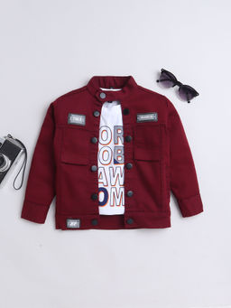 Mini Stitch - Solid Denim Jacket with Printed T-Shirt for Boys -Maroon (Set of 2)