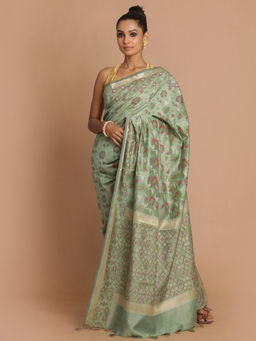 Indethnic - Banarasi Green Woven Design Festive Wear Saree With Unstitched Blouse