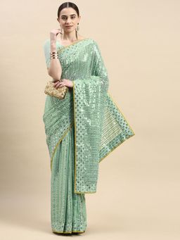 VAIRAGEE - Green Sequence Work Georgette Saree with Unstitched Blouse