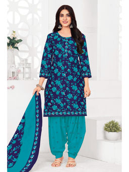 SALWAR STUDIO - Cotton Printed Navy Blue Unstitched Dress Material