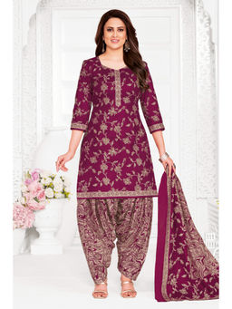 SALWAR STUDIO - Cotton Printed Wine Unstitched Dress Material