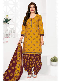 SALWAR STUDIO - Cotton Printed Mustard Unstitched Dress Material