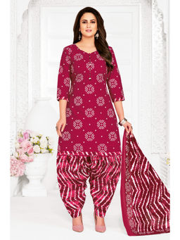 SALWAR STUDIO - Cotton Printed Rani Pink Unstitched Dress Material