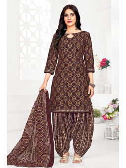 SALWAR STUDIO - Cotton Printed Brown Unstitched Dress Material