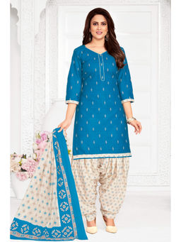 SALWAR STUDIO - Cotton Printed Blue Unstitched Dress Material