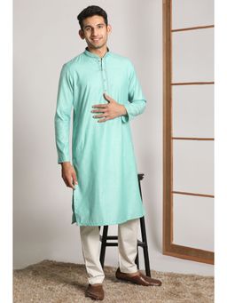 Manyavar - Blended Viscose Turquoise Solid Mandarin Collar Kurta with Pencil Pajama (Set of 2)