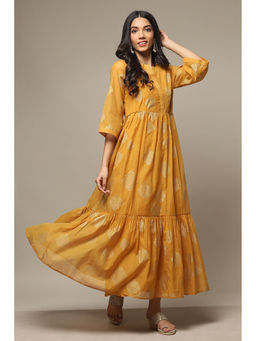 Biba - Womens Golden Yellow Printed Poly Chanderi Tired Dress