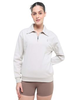 Hunnit - Cream Collar Neck Full Sleeves Zipper Sweatshirt