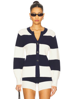 525 - Lottie Rugby Women's Striped Button-Up V-Neck Cardigan Navy Blue