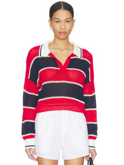 525 - Alexa Rugby Women's Striped Crochet Polo Pullover Multi-Color