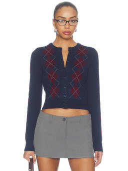 525 - Serena Women's Intarsia Argyle Button-Up Cardigan Navy Blue