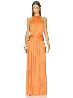Arcina Ori - Santina Women's Halter Neck Glossy Jersey Maxi Dress Orange