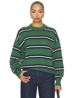 ALL THE WAYS - Jannie Women's Striped Ribbed Trim Pullover Sweater Green