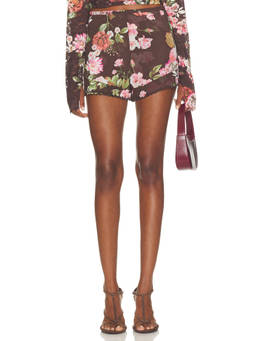 AFRM - Gylnn Women's Floral Scalloped Hem Georgette Shorts Brown