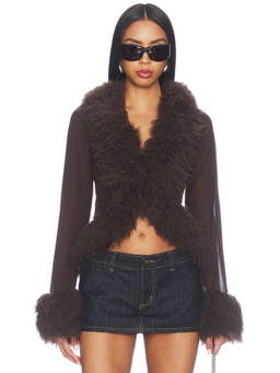 AFRM - Simone Women's Faux Fur Trim Chiffon Shrug Brown