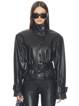 AFRM - Scarlette Women's Faux Leather Belted Cropped Jacket Black