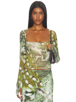AFRM - Ines Women's Snake Print Square Neck Mesh Top Green