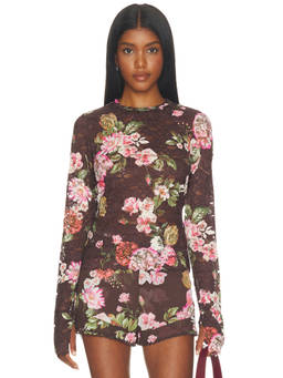 AFRM - Kaylee Silken Lace Women's Floral Print Full Sleeves Top Brown