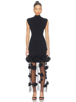 Aje - Fleura Knit Women's Ruffled Sheer Mesh Midi Dress Black