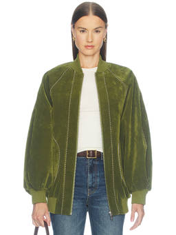 Alemais - Velvet Women's Zippered Rib Trim Bomber Jacket Green