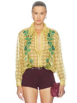 Alemais - Tilly Embellished Women's Beaded Semi-Sheer Button-Down Shirt Yellow