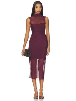 Amanda Uprichard - Damira Women's Sheer Mesh Ruched Midi Dress Maroon