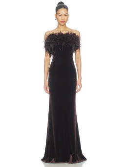 Amanda Uprichard - Ella Women's Feather Trim Velvet Maxi Gown Black