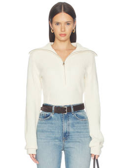 ANINE BING - June Trucker Collar Women's Ribbed Knit Zip Sweater White