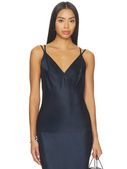 ANINE BING - Blanca Women's Satin V-Neck Sleeveless Tank Top Navy Blue