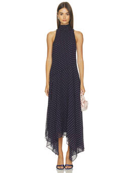 ASTR the Label - Polka Dot Women High Neck Handkerchief Hem Midi Dress Navy Blue