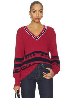 ASTR the Label - Rocio Women's V-Neck Ribbed Hem Pullover Sweater Red