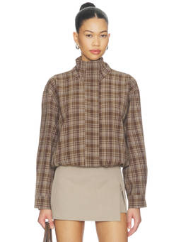 ASTR the Label - Cooper Women's Checked High Neck Twill Shirt Brown