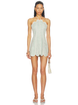 AZULU - Scallop Hem Women's Halter Neck Linen Mini Dress Green