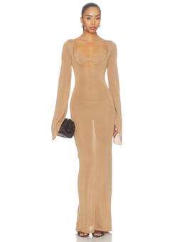 Aya Muse - Zair Women's Semi-Sheer Knit Pull-On Maxi Dress Beige