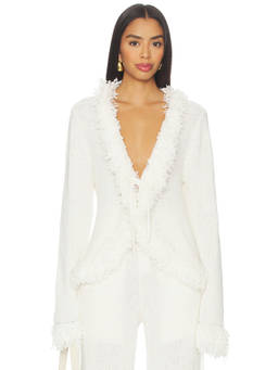 Aya Muse - Mello Women's Tie-Up Fringe Trim Cardigan White