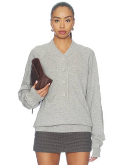 Aya Muse - Knit Henley Women's Button-Up Wool Cashmere Sweater Grey
