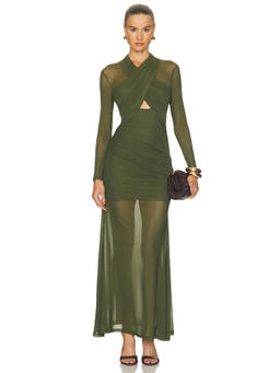 Bardot - Veria Women's Ruched Wrap Mesh Maxi Dress Green