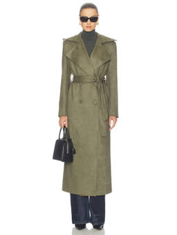 Bardot - Faux Suede Women's Belted Double-Breasted Trench Coat Olive