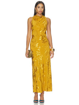HEMANT AND NANDITA - Cowl Women's Sleeveless Jacquard Midi Dress Yellow