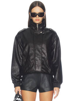 BLANKNYC - Faux Leather Women's Zippered Funnel Neck Bomber Jacket Black