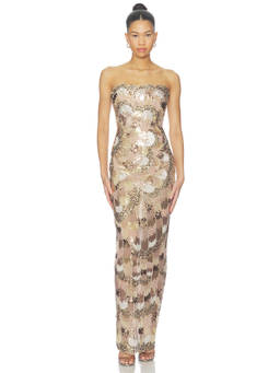 Bronx and Banco - Strapless Women's Sequined Boned Bodice Maxi Dress Gold
