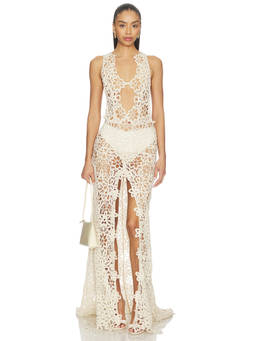 Bronx and Banco - Akello Crochet Women's Sheer Front Slit Maxi Dress Off White