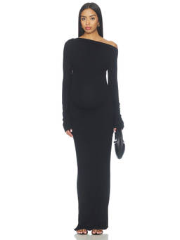 BUMPSUIT - Soft Rib Women's Ruched Off Shoulder Maxi Dress Black