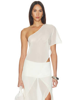 BY.DYLN - Marilyn Women's Sheer One Shoulder Asymmetric Crop Top White