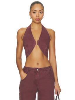 BY.DYLN - Armen Women's Halter Neck Denim Crop Top Maroon