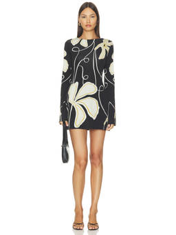 Cala de la Cruz - Maisha Women's Floral Print Long Sleeve Mini Dress Black