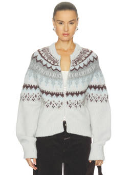 CLOSED - Cropped Women's Fair Isle Zip-Up Fuzzy Knit Cardigan Off White