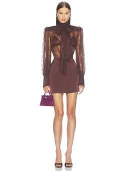 Camila Coelho - Davinia Women's Sheer Lace Tie-Neck Bodycon Mini Dress Brown